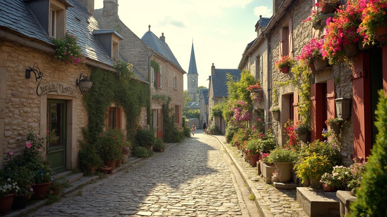 Allée pavée bordée de maisons en pierre avec fleurs colorées